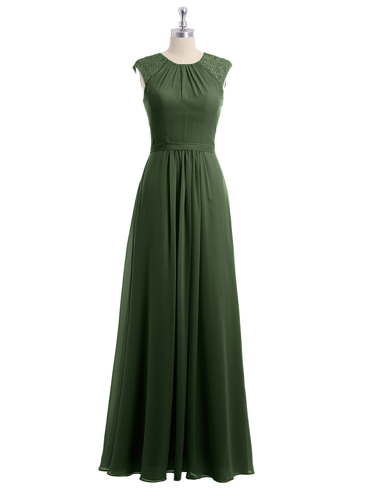 Vestido largo de chiffon y encaje con espalda descubierta Verde Oliva