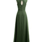 Vestido largo de chiffon y encaje con espalda descubierta Verde Oliva
