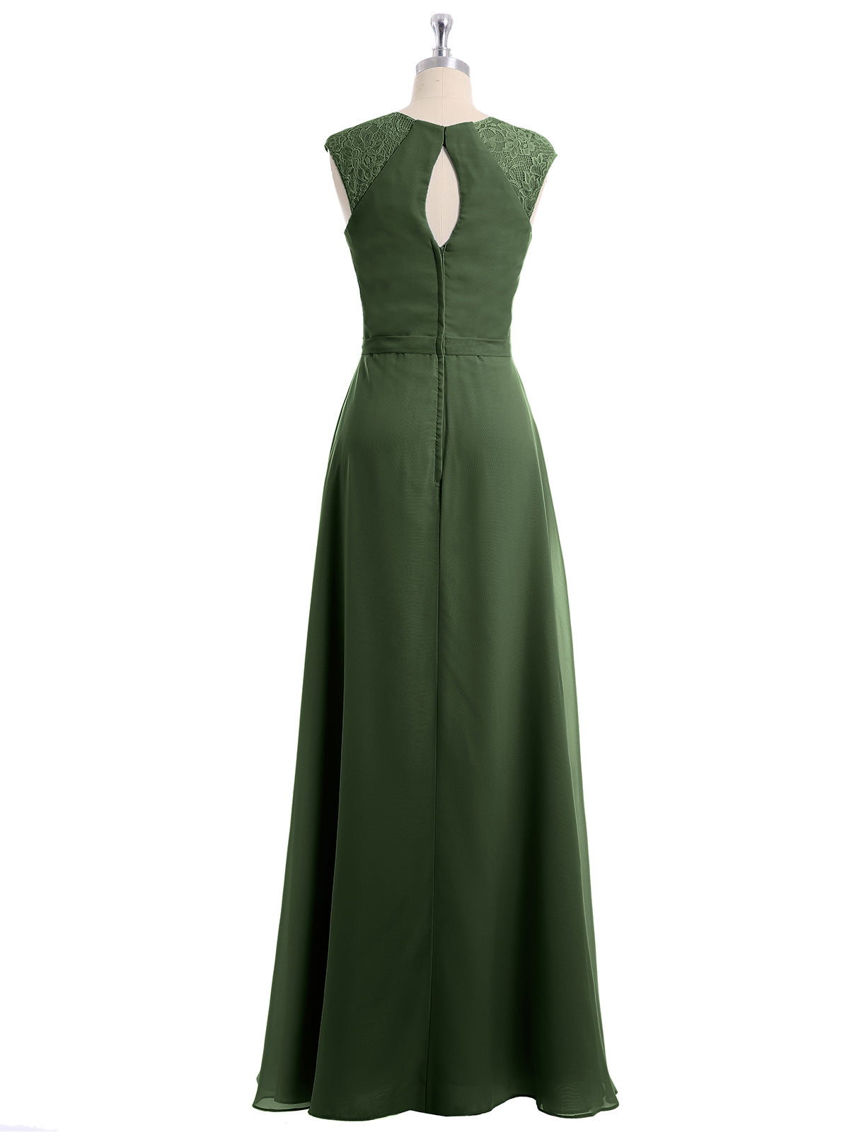 Vestido largo de chiffon y encaje con espalda descubierta Verde Oliva