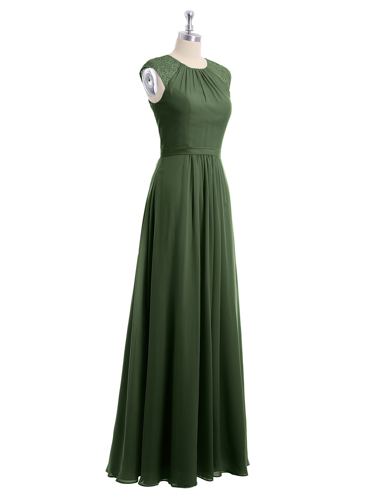 Vestido largo de chiffon y encaje con espalda descubierta Verde Oliva