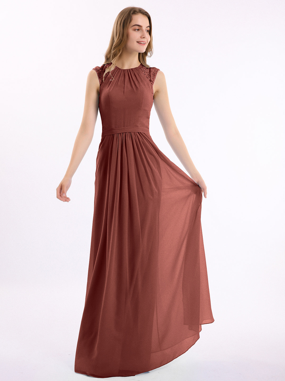 Vestido largo de chiffon y encaje con espalda descubierta Terracota