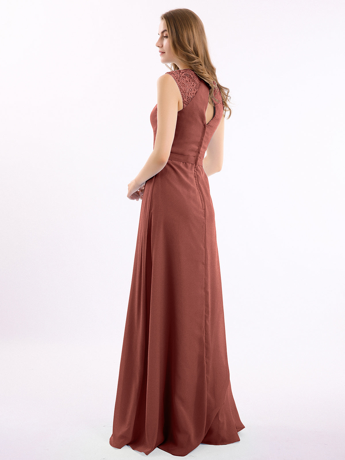 Vestido largo de chiffon y encaje con espalda descubierta Terracota Tallas Grandes