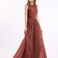 Vestido largo de chiffon y encaje con espalda descubierta Terracota
