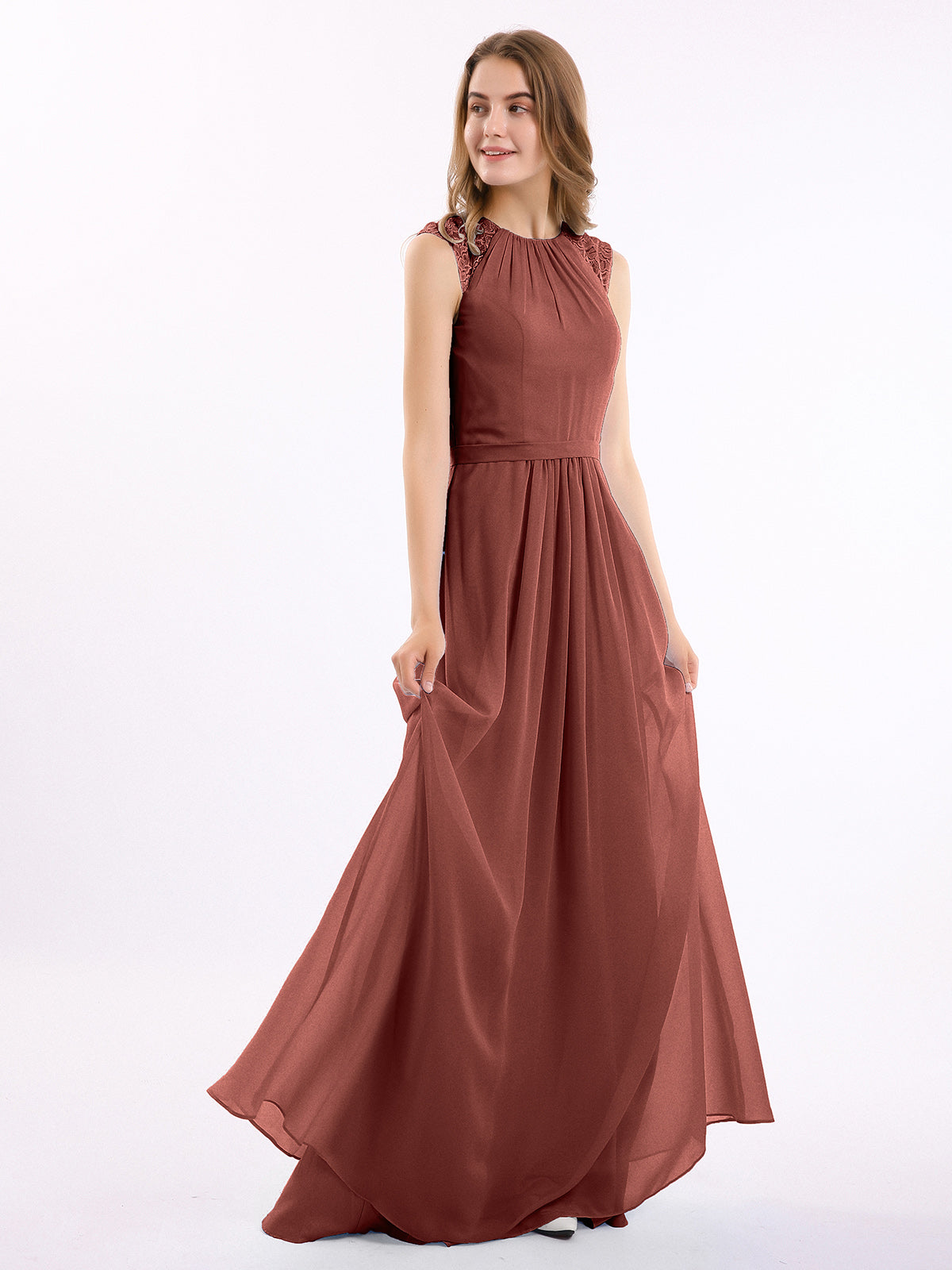Vestido largo de chiffon y encaje con espalda descubierta Terracota Tallas Grandes