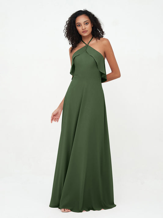 Vestidos largos de dama de honor de chiffon con tirantes de cuello halter Verde Oliva