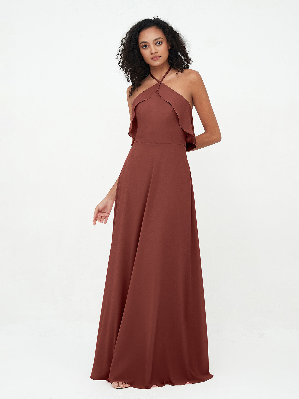 Vestidos largos de dama de honor de chiffon con tirantes de cuello halter Terracota