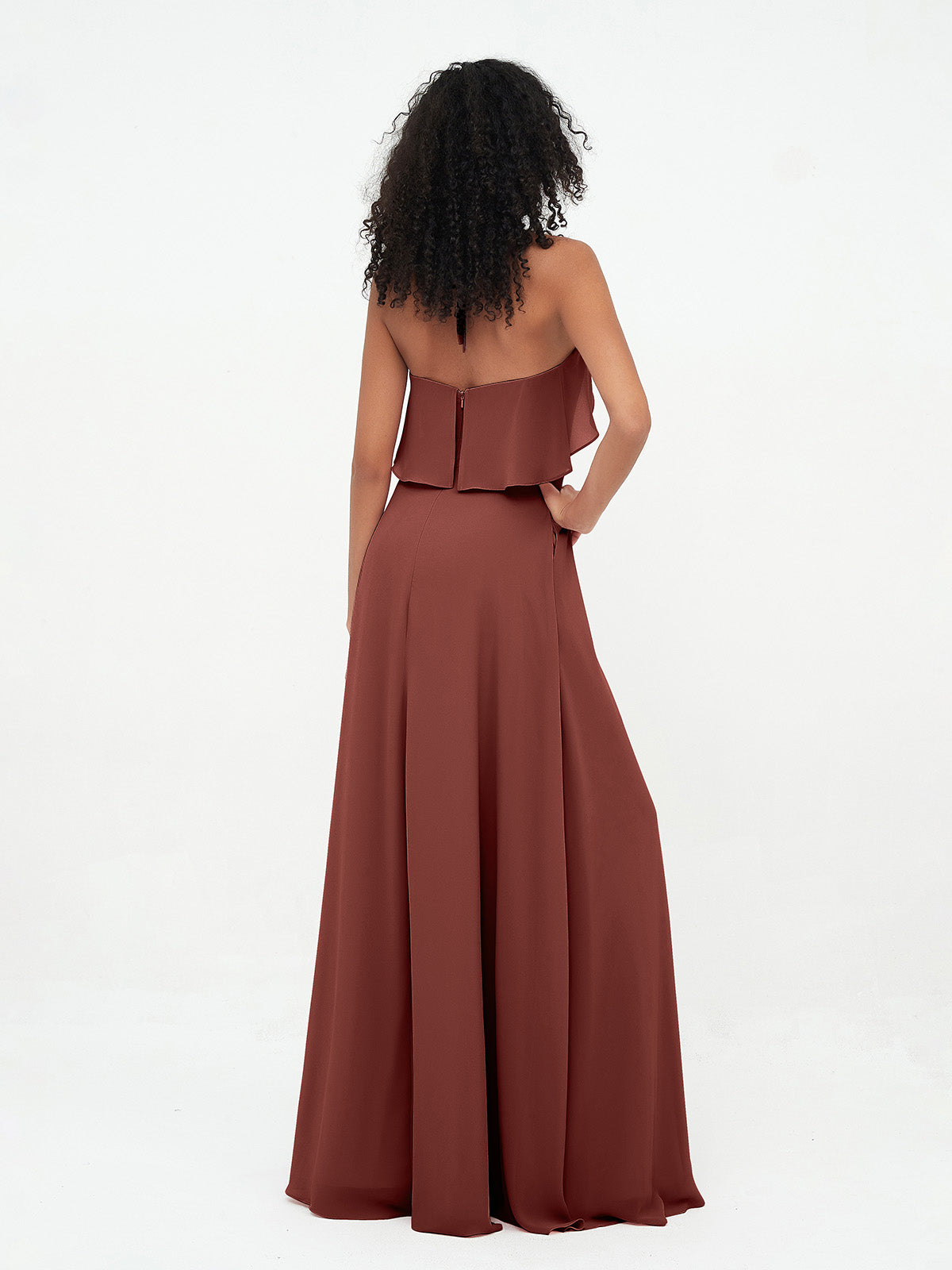 Vestidos largos de dama de honor de chiffon con tirantes de cuello halter Terracota Tallas Grandes