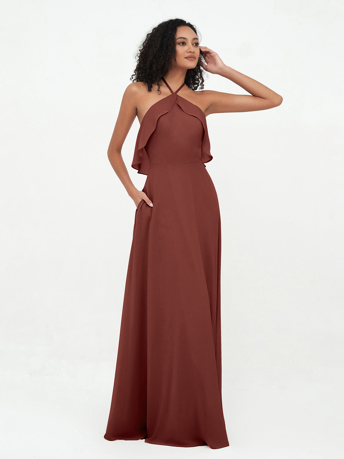 Vestidos largos de dama de honor de chiffon con tirantes de cuello halter Terracota
