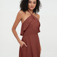 Vestidos largos de dama de honor de chiffon con tirantes de cuello halter Terracota