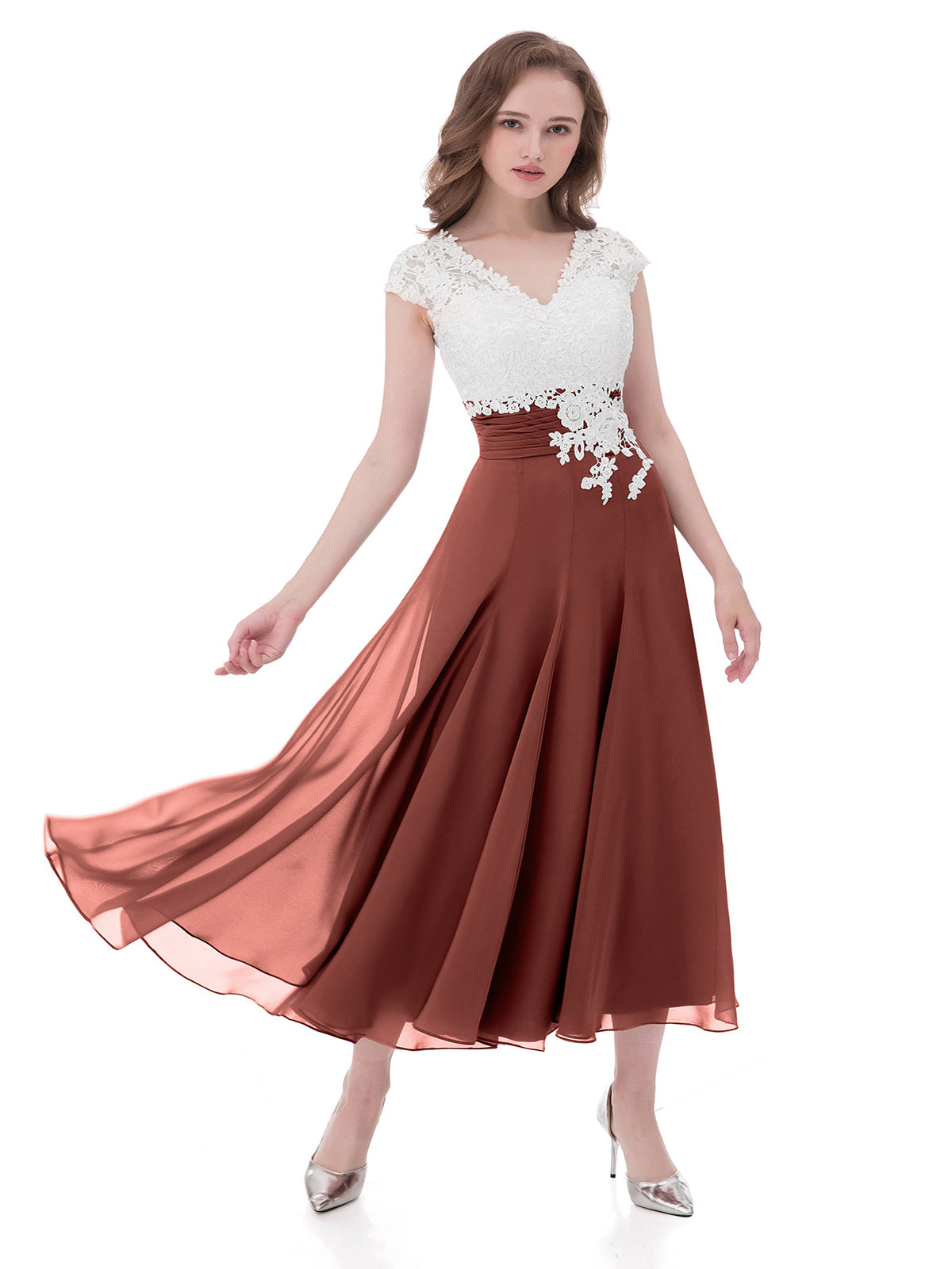 Anemone Escote En V Gasa Marfil Corpino Vestido Con Aplicacion Terracota