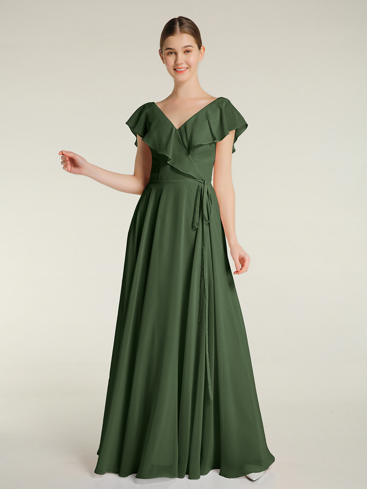 Vestidos de chiffon con escote en V y mangas cap Verde Oliva