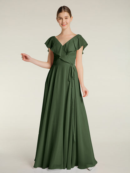 Vestidos de chiffon con escote en V y mangas cap Verde Oliva Tallas Grandes