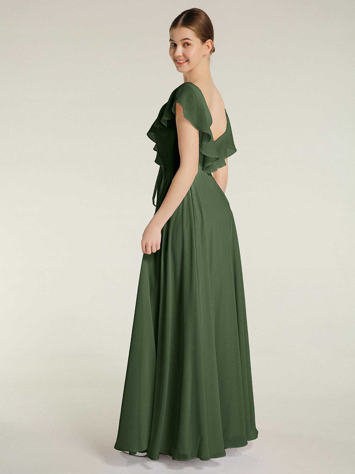 Vestidos de chiffon con escote en V y mangas cap Verde Oliva