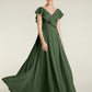 Vestidos de chiffon con escote en V y mangas cap Verde Oliva