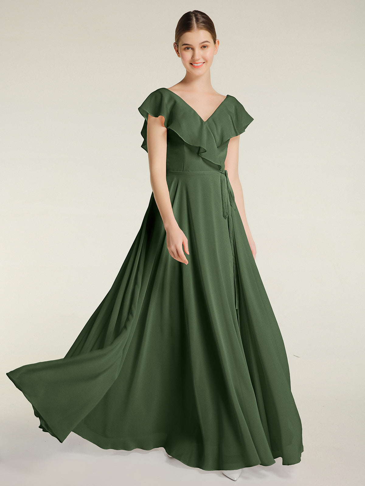 Vestidos de chiffon con escote en V y mangas cap Verde Oliva