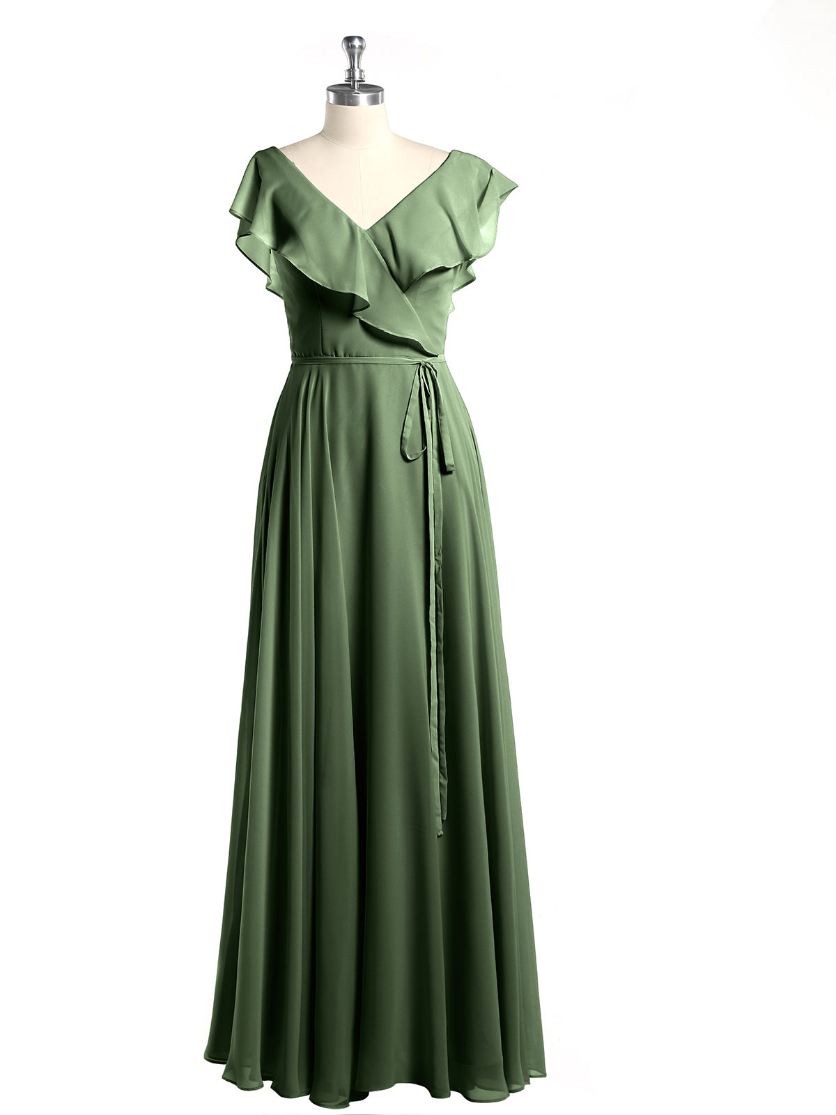 Vestidos de chiffon con escote en V y mangas cap Verde Oliva