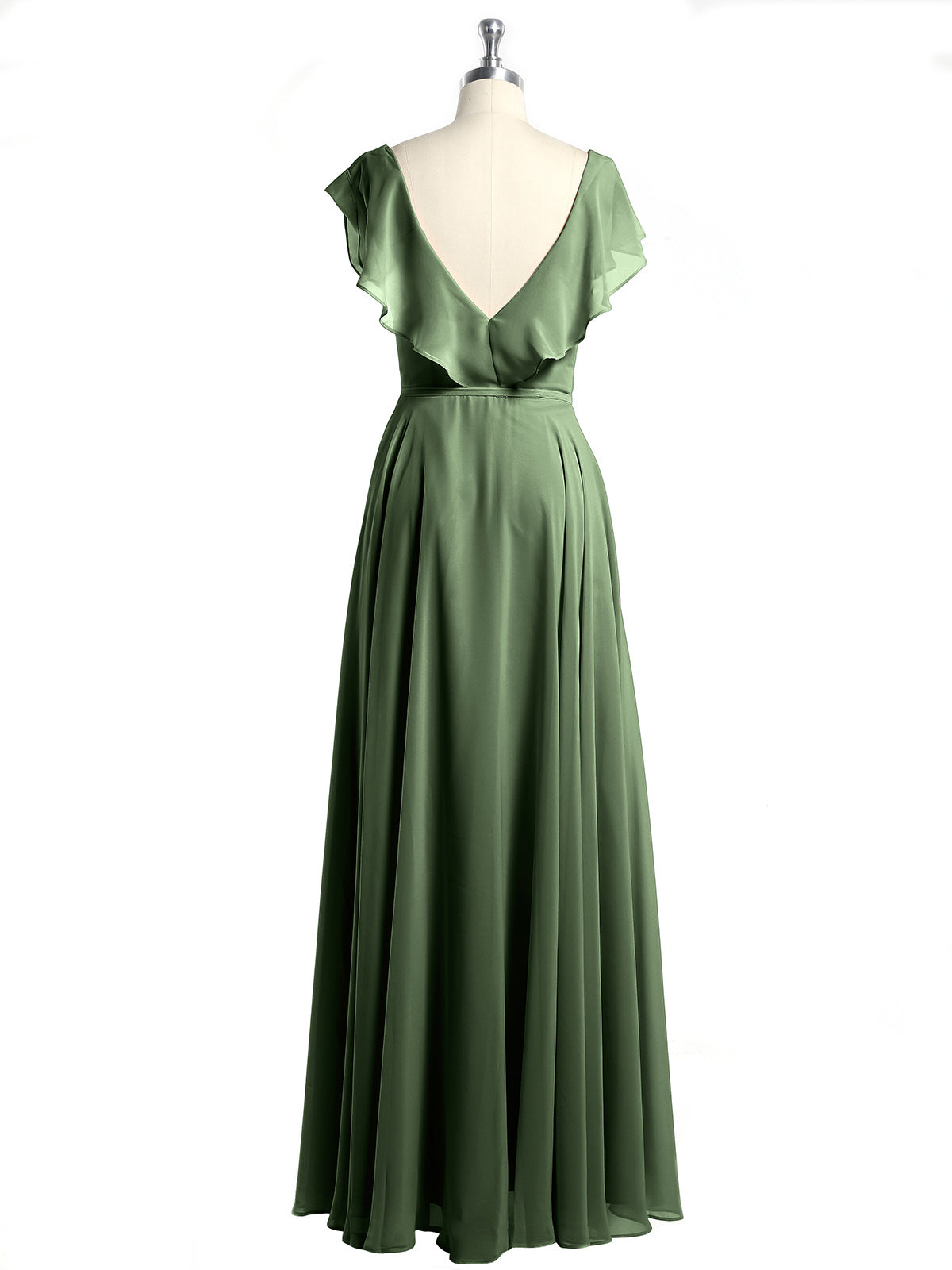 Vestidos de chiffon con escote en V y mangas cap Verde Oliva