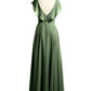 Vestidos de chiffon con escote en V y mangas cap Verde Oliva Tallas Grandes