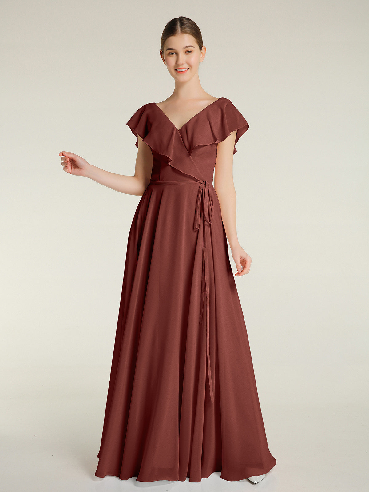 Vestidos de chiffon con escote en V y mangas cap Terracota Tallas Grandes