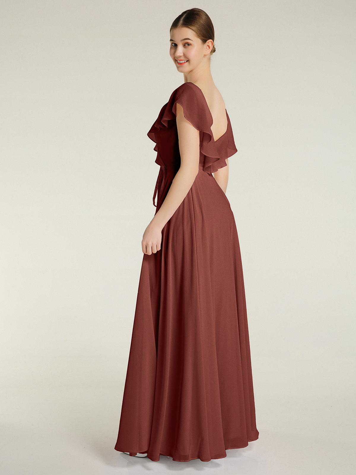 Vestidos de chiffon con escote en V y mangas cap Terracota