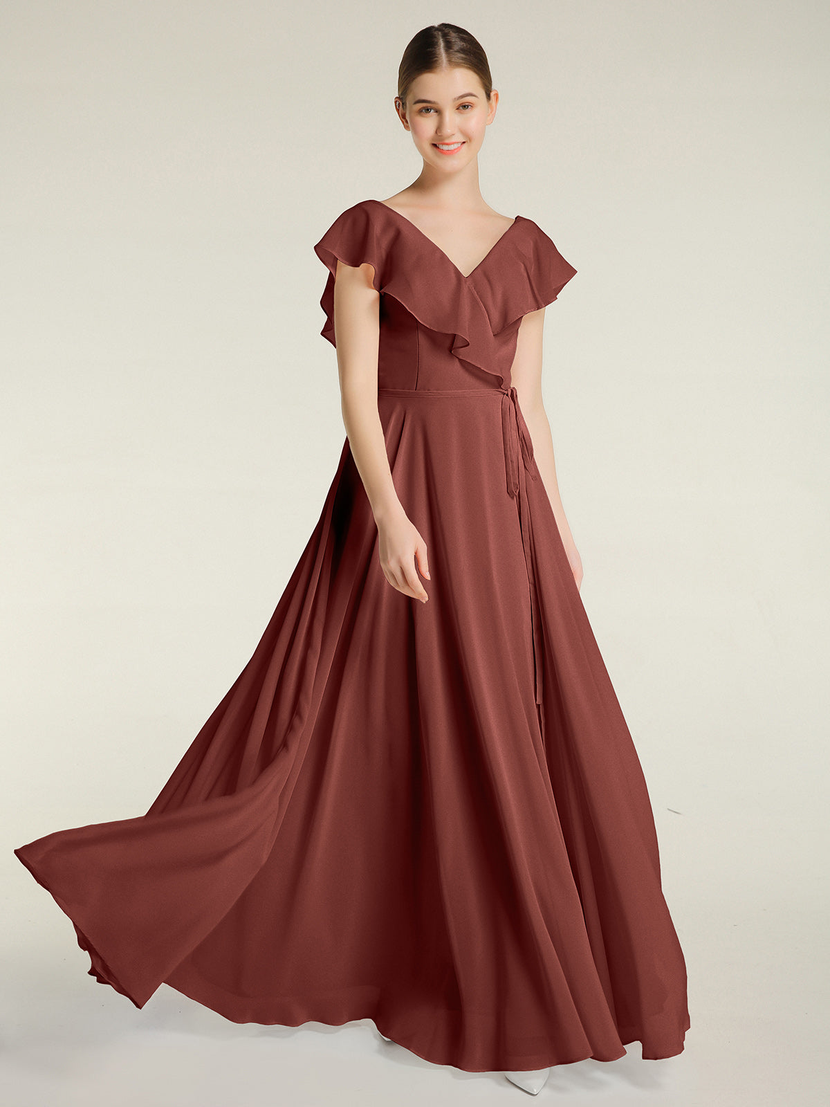 Vestidos de chiffon con escote en V y mangas cap Terracota