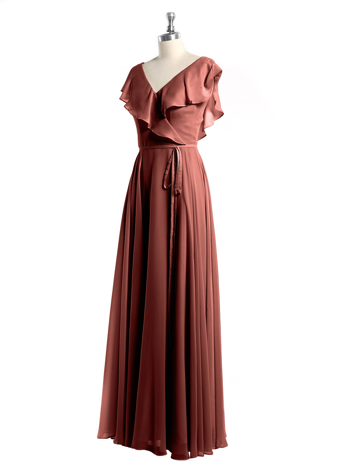 Vestidos de chiffon con escote en V y mangas cap Terracota