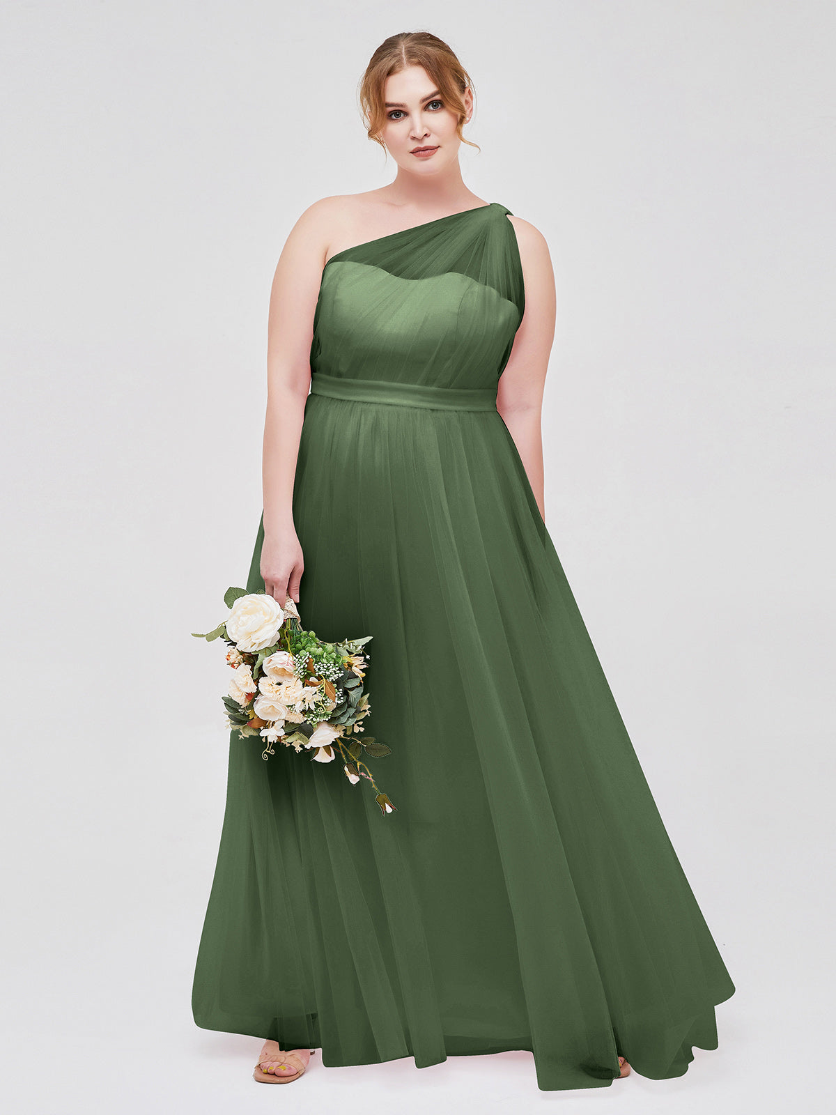 Angelina Un Hombro Malla Corte De Dama De Honor De Fiesta De Boda Verde Oliva Tallas Grandes