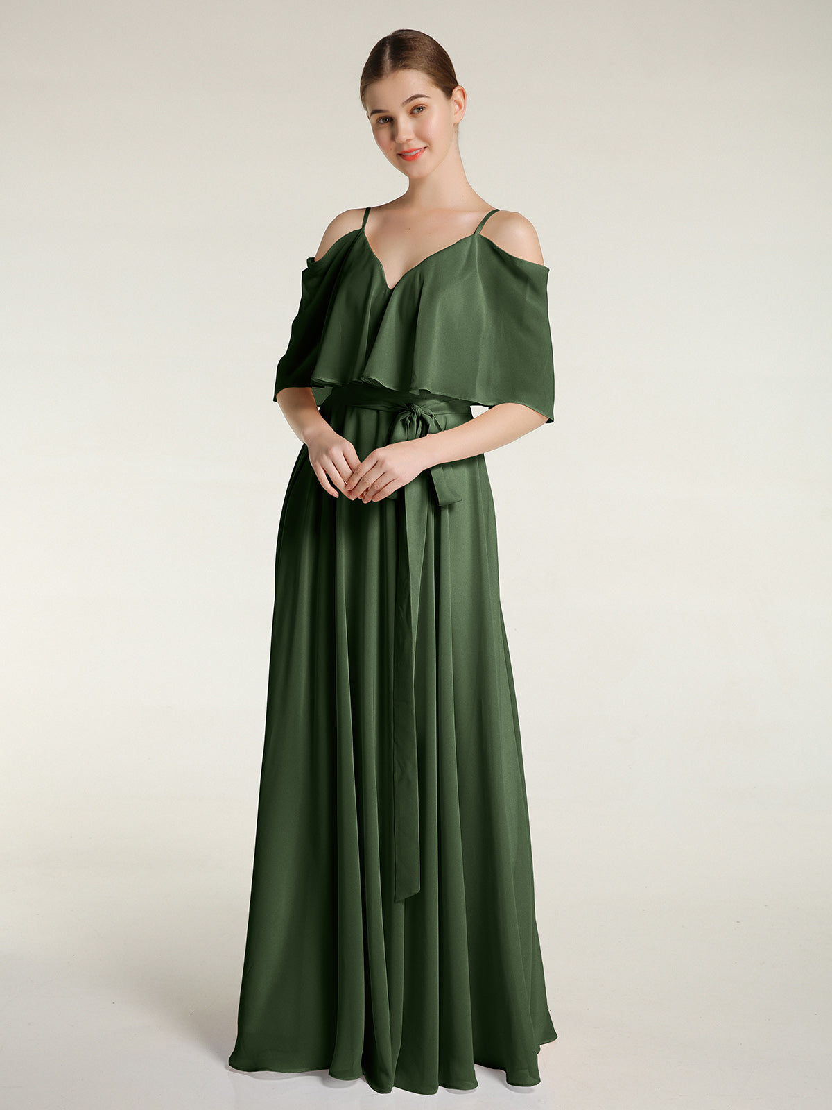 Vestidos de chiffon con volantes en las mangas y tirantes finos Verde Oliva Tallas Grandes