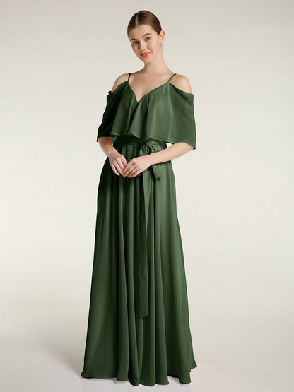 Vestidos de chiffon con volantes en las mangas y tirantes finos Verde Oliva Tallas Grandes