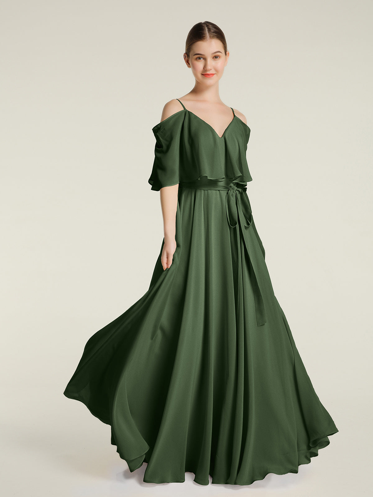 Vestidos de chiffon con volantes en las mangas y tirantes finos Verde Oliva Tallas Grandes