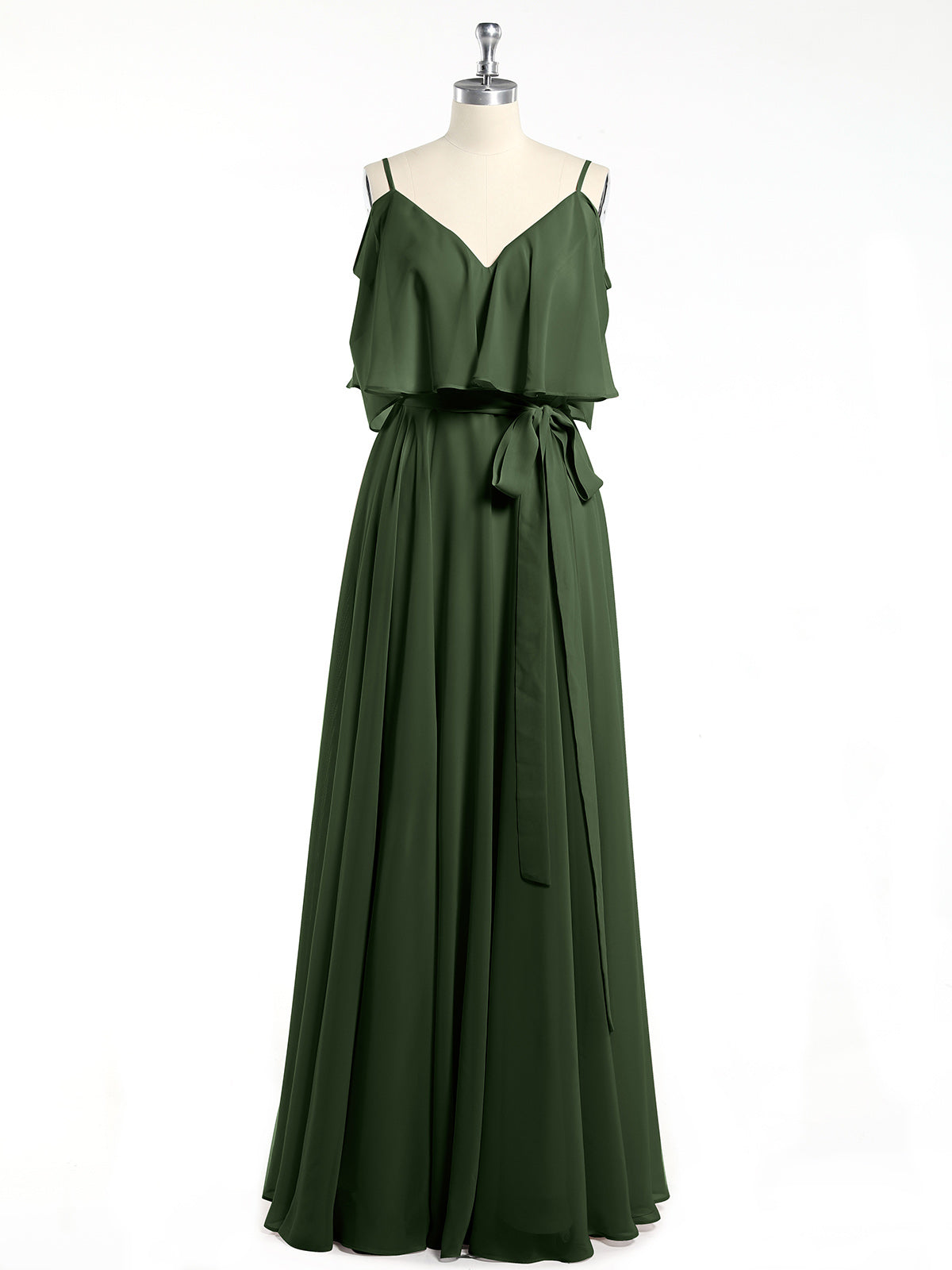 Vestidos de chiffon con volantes en las mangas y tirantes finos Verde Oliva Tallas Grandes
