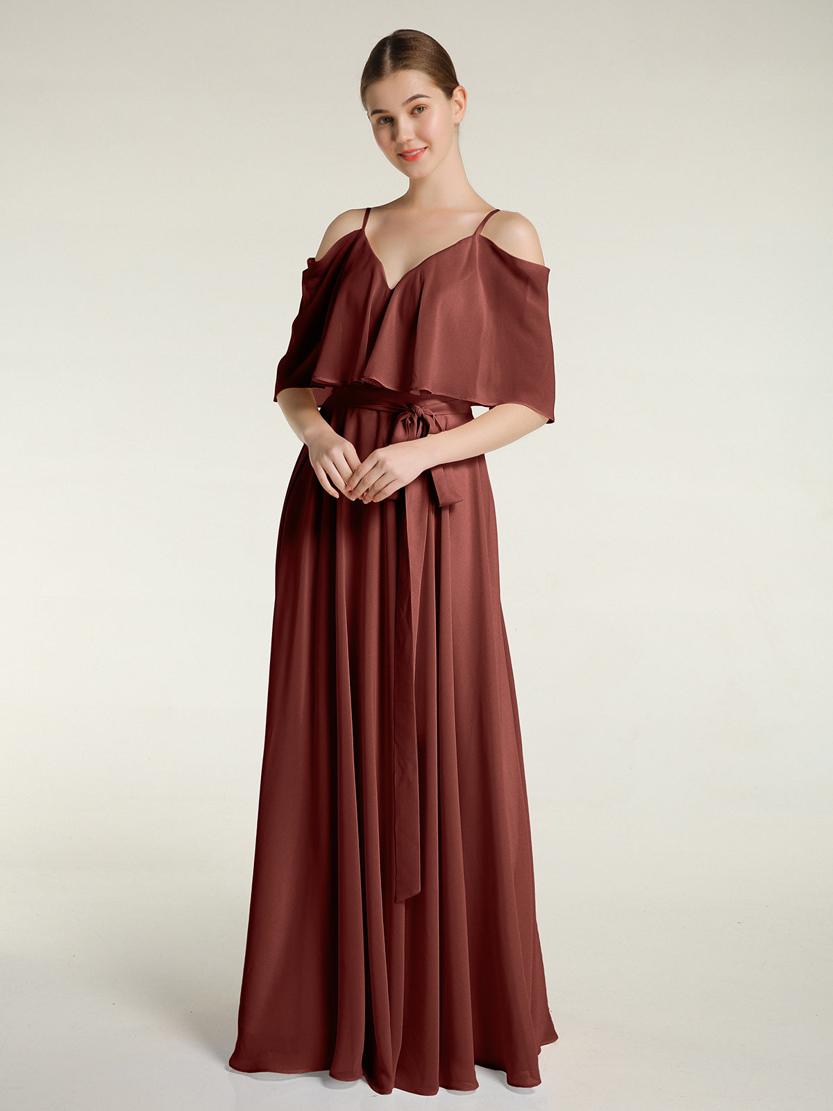 Vestidos de chiffon con volantes en las mangas y tirantes finos Terracota Tallas Grandes