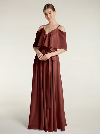 Vestidos de chiffon con volantes en las mangas y tirantes finos Terracota Tallas Grandes
