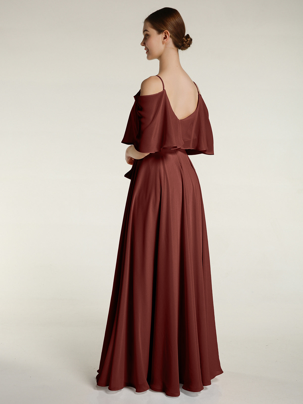 Vestidos de chiffon con volantes en las mangas y tirantes finos Terracota Tallas Grandes