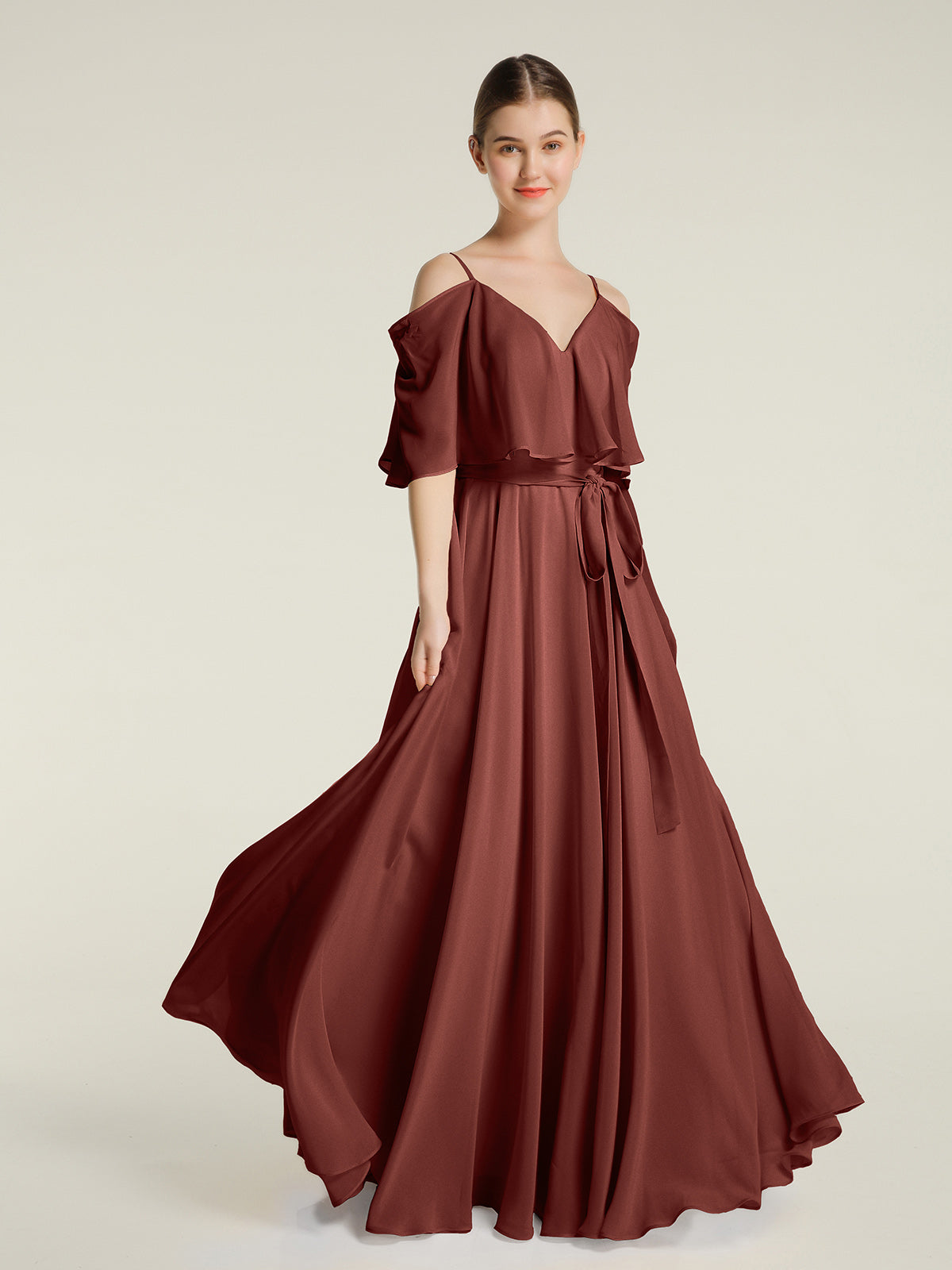Vestidos de chiffon con volantes en las mangas y tirantes finos Terracota Tallas Grandes