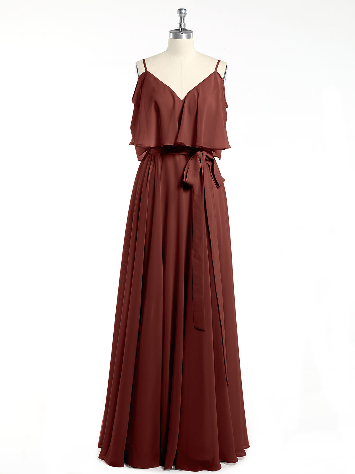 Vestidos de chiffon con volantes en las mangas y tirantes finos Terracota Tallas Grandes