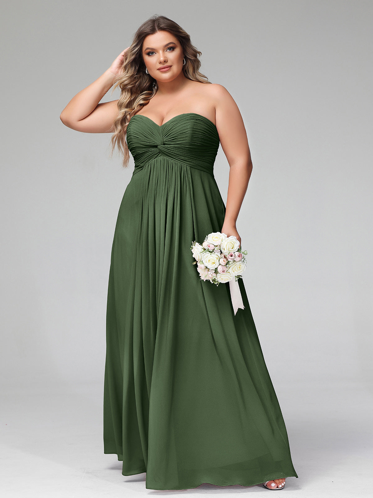 Vestidos de chiffon imperio sin tirantes con escote en corazón Verde Oliva Tallas Grandes