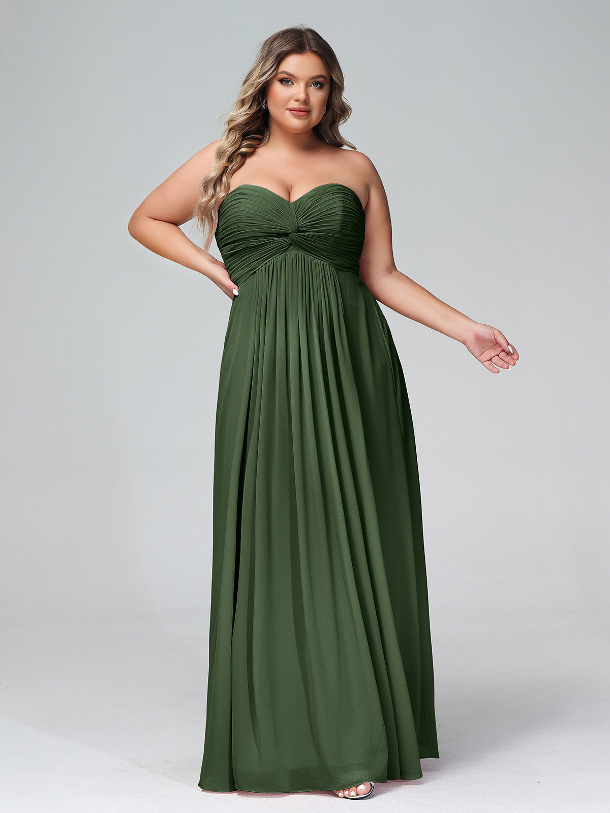 Vestidos de chiffon imperio sin tirantes con escote en corazón Verde Oliva Tallas Grandes