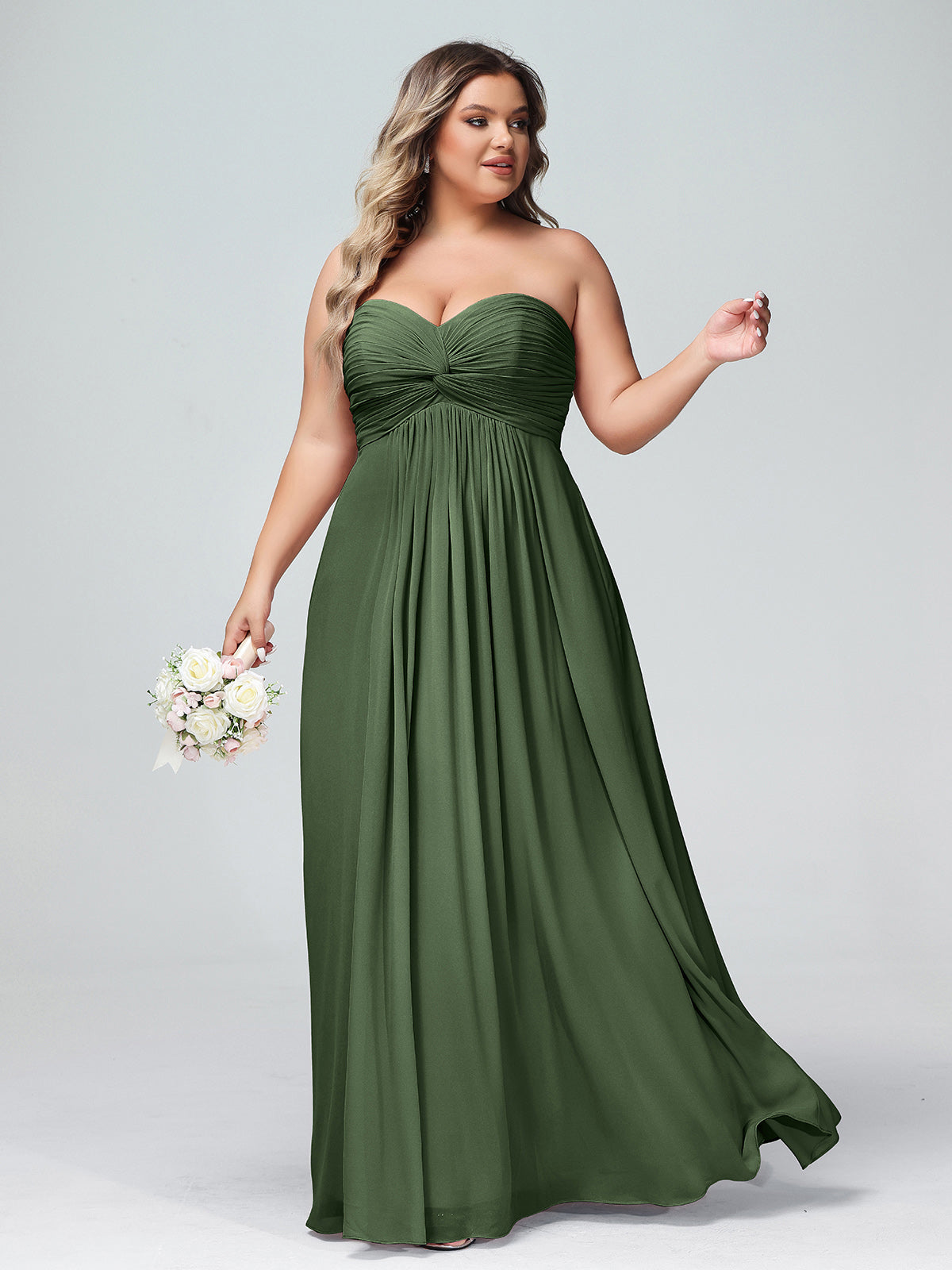 Vestidos de chiffon imperio sin tirantes con escote en corazón Verde Oliva Tallas Grandes