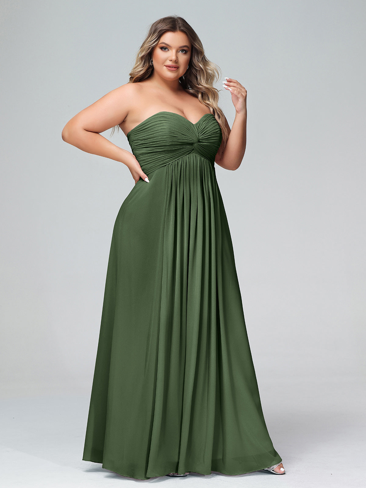 Vestidos de chiffon imperio sin tirantes con escote en corazón Verde Oliva Tallas Grandes