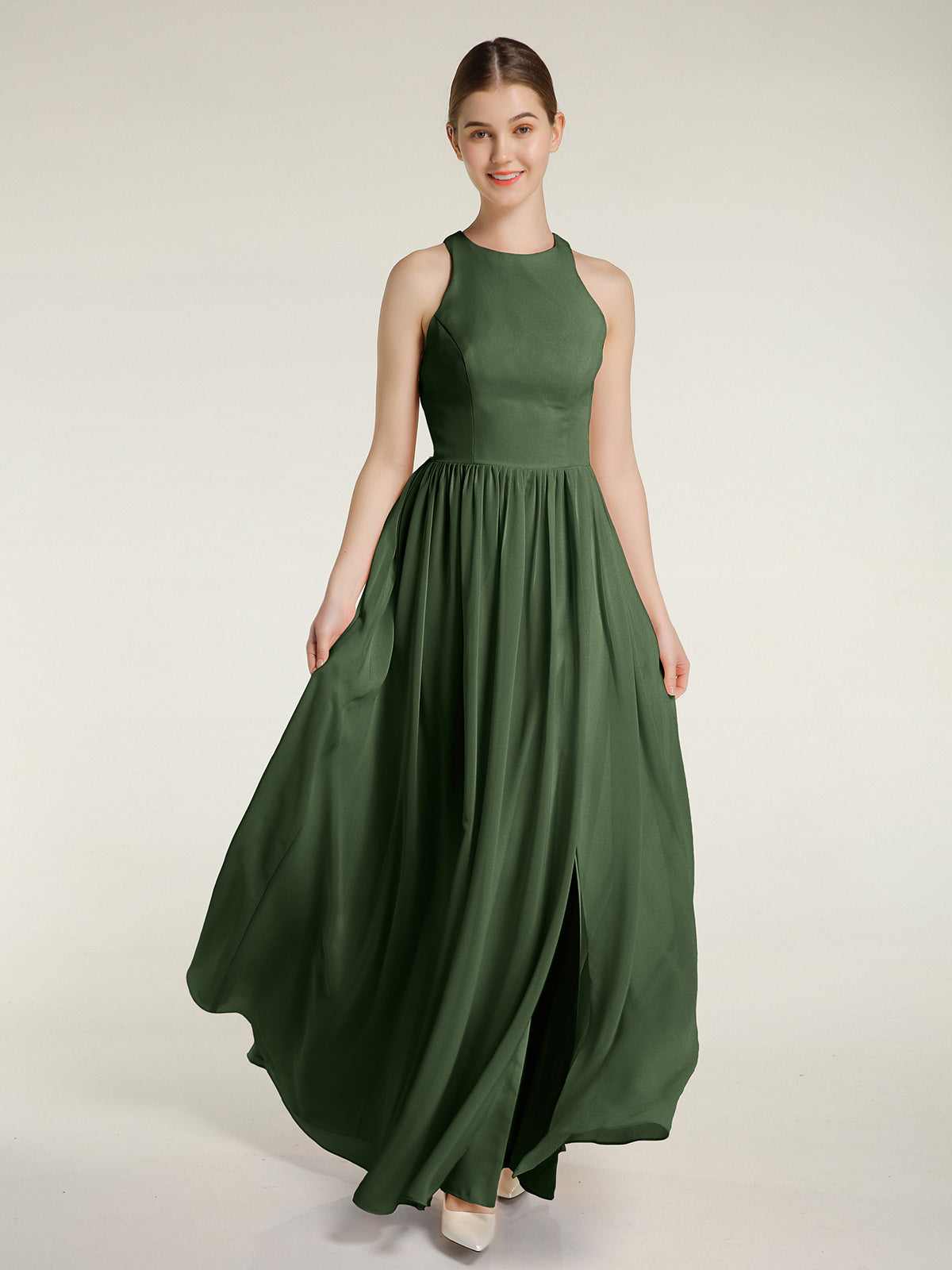 Vestido sencillo de chiffon estilo halter con abertura Verde Oliva Tallas Grandes