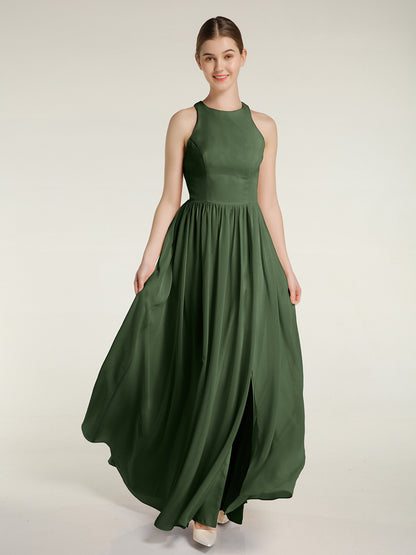 Vestido sencillo de chiffon estilo halter con abertura Verde Oliva Tallas Grandes