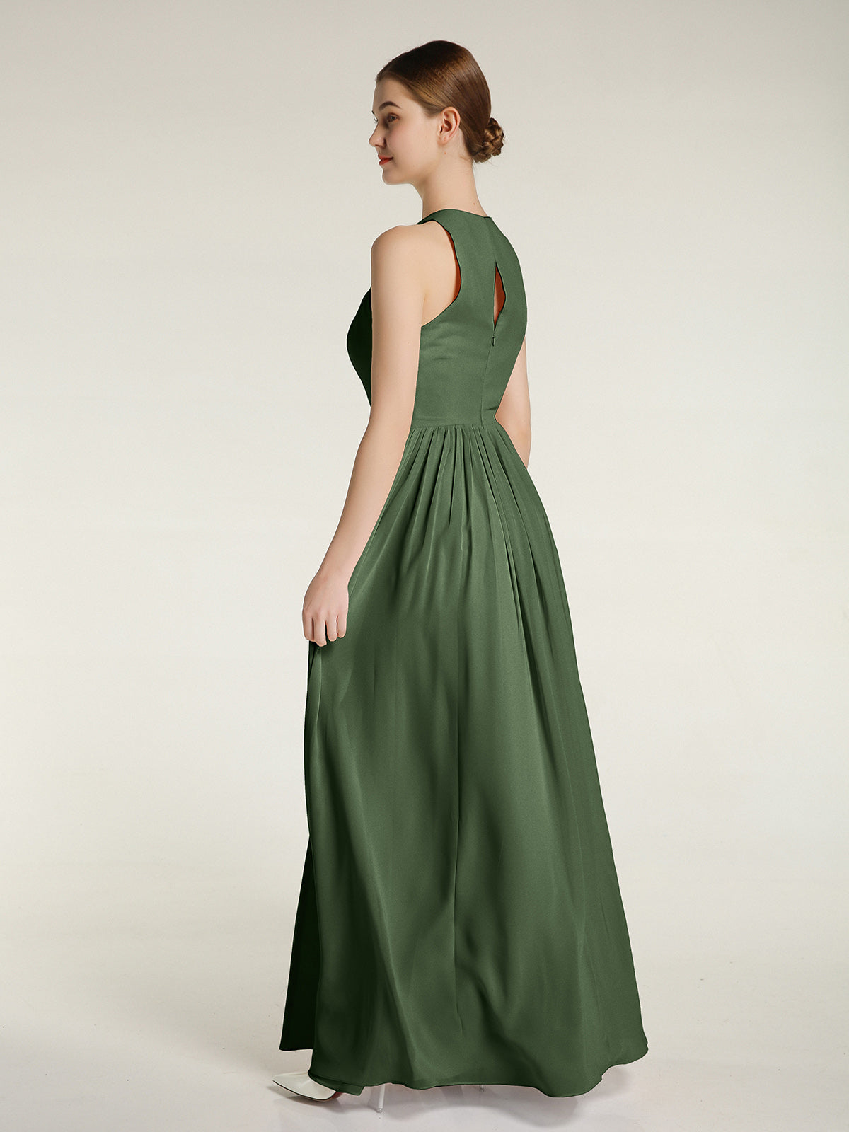 Vestido sencillo de chiffon estilo halter con abertura Verde Oliva Tallas Grandes