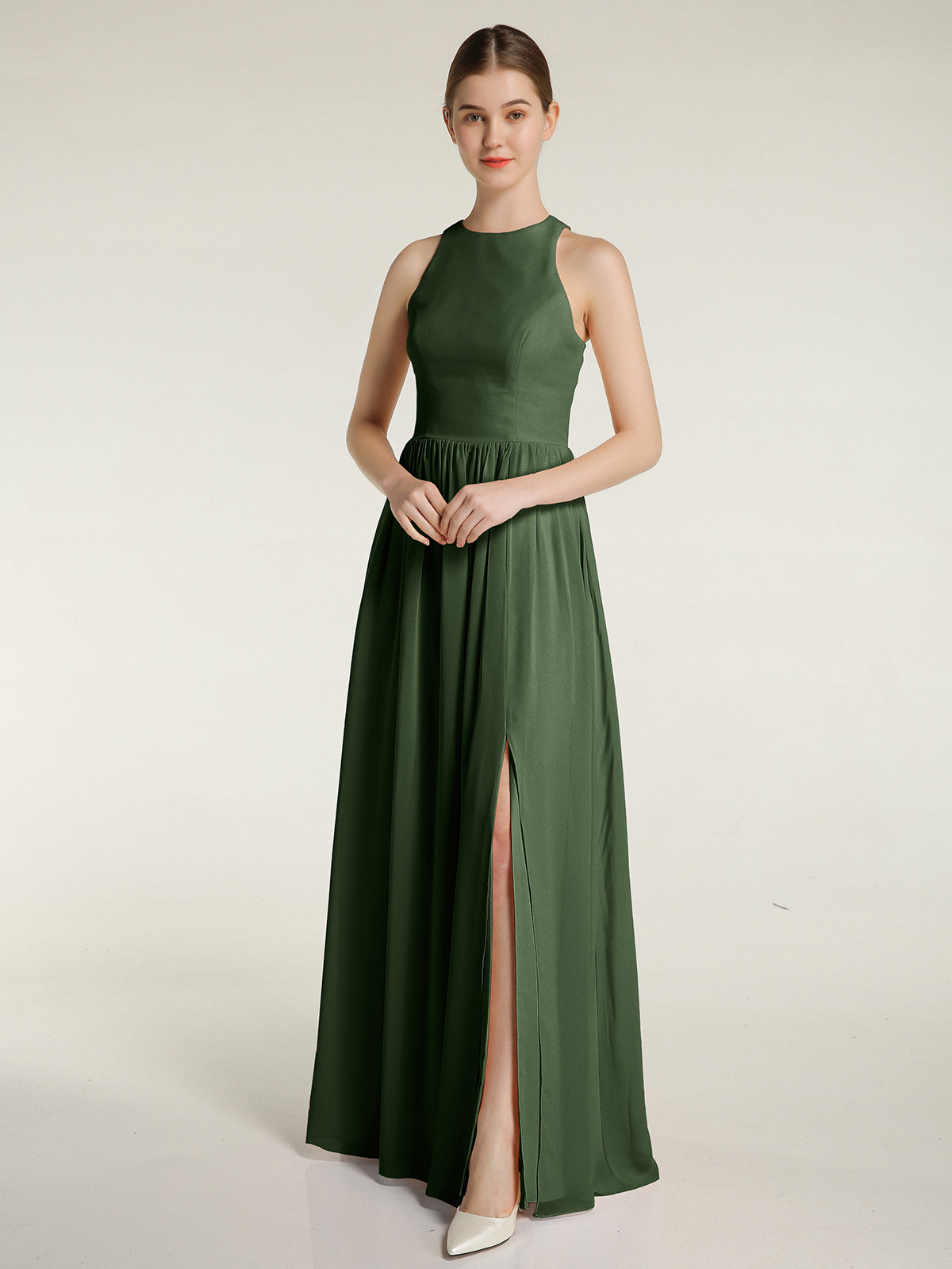 Vestido sencillo de chiffon estilo halter con abertura Verde Oliva Tallas Grandes