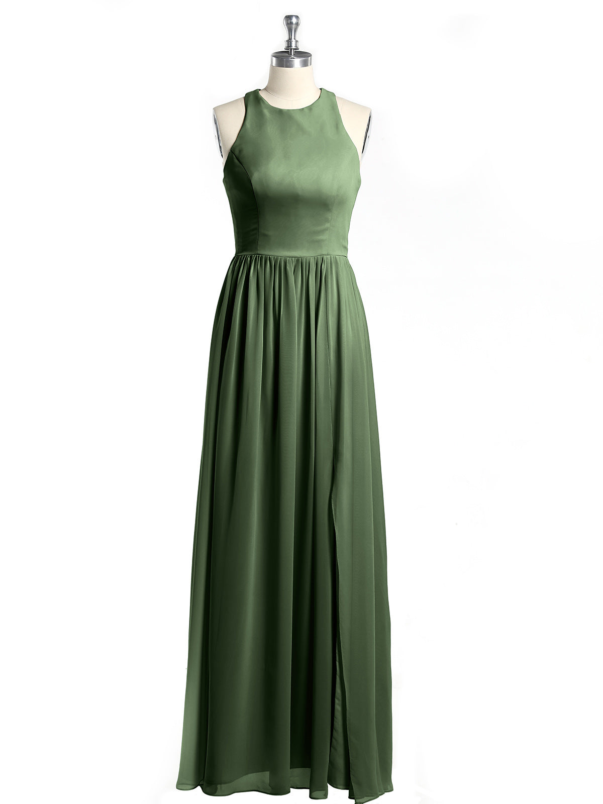 Vestido sencillo de chiffon estilo halter con abertura Verde Oliva Tallas Grandes
