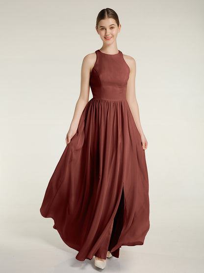Vestido sencillo de chiffon estilo halter con abertura Terracota