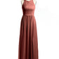 Vestido sencillo de chiffon estilo halter con abertura Terracota Tallas Grandes