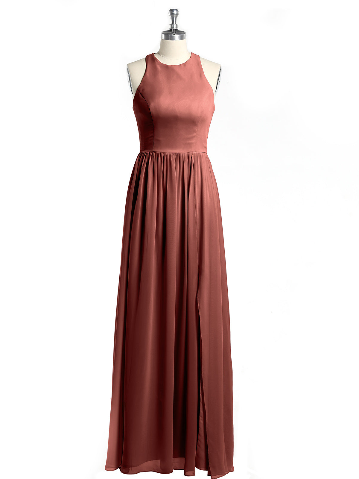 Vestido sencillo de chiffon estilo halter con abertura Terracota Tallas Grandes