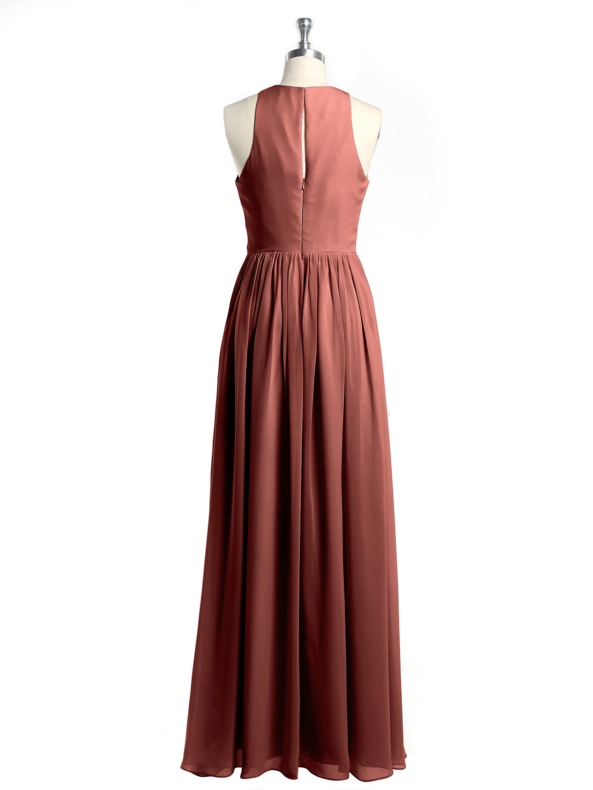 Vestido sencillo de chiffon estilo halter con abertura Terracota Tallas Grandes