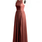 Vestido sencillo de chiffon estilo halter con abertura Terracota